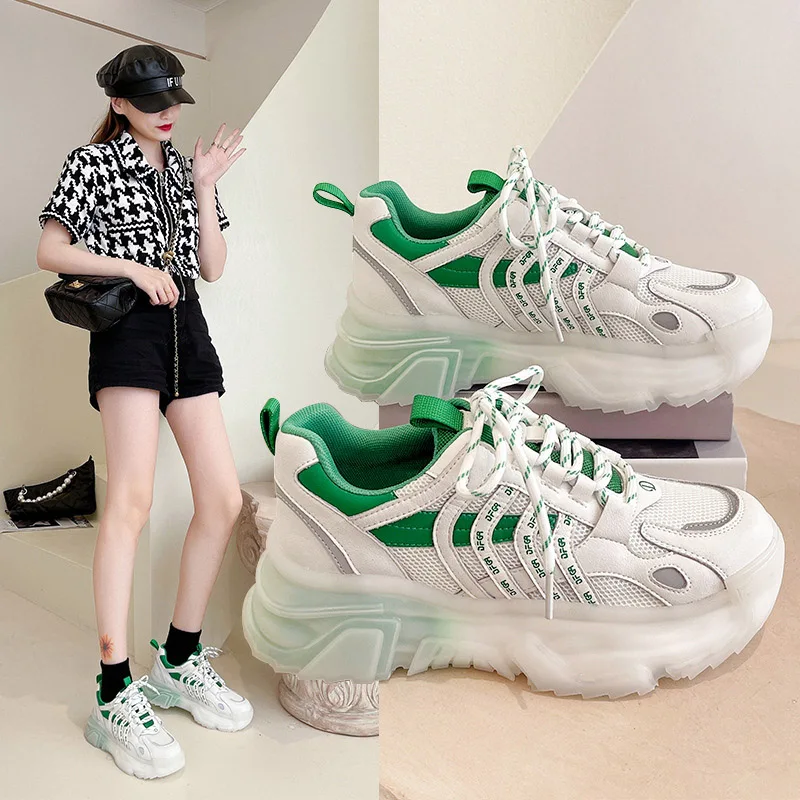 

Women New Genuine Leather Chunky Sneakers Spring Summer Mesh Thick Bottom Casual Sport Vulcanized Shoes Ladies Platform Lace-up