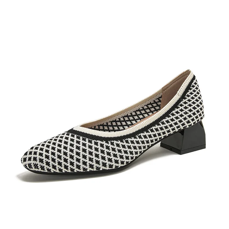 2022 Spring Summer Thick Heel Shoes Women's Square Head Shallow Mouth Princess Knitting Mid-heel Temperament Women's Pumps