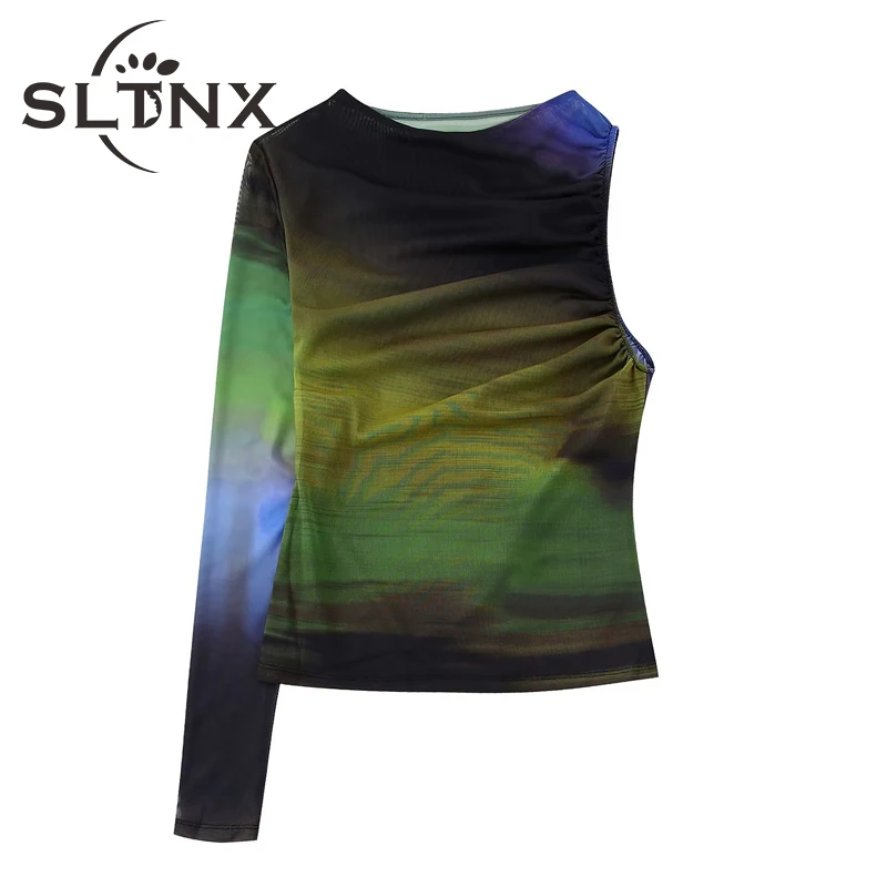 

SLTNX Women Asymmetrical Skinny Mesh Bodysuit Female Print Long Sleeve Sexy Bodysuit Tops Ladies Summer O-Neck Folds Top Clothes