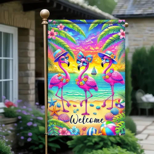 Фото Флаг для сада Welcome Flamingo Summer Garden, 12X18, двусторонний, с тропическими листьями, для улицы D TTP AAL HHM WZZ №2