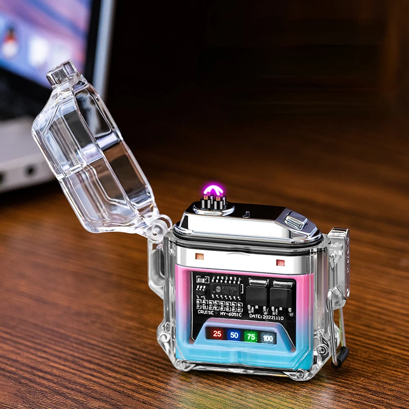 

New Transparent Shell Waterproof Electronic Pulse Lighter Digital Power Display Dual Arc Lighter Men Highend Smoking Accessories