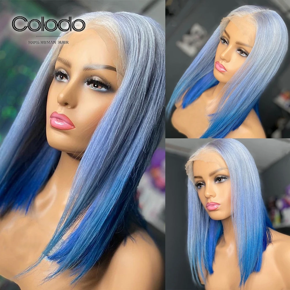 

COLODO Ombre Blue 13x4 Lace Front Wig Grey Color For Black Women Brazilian Remy Human Hair Straight Short Bob Wigs PrePlucked