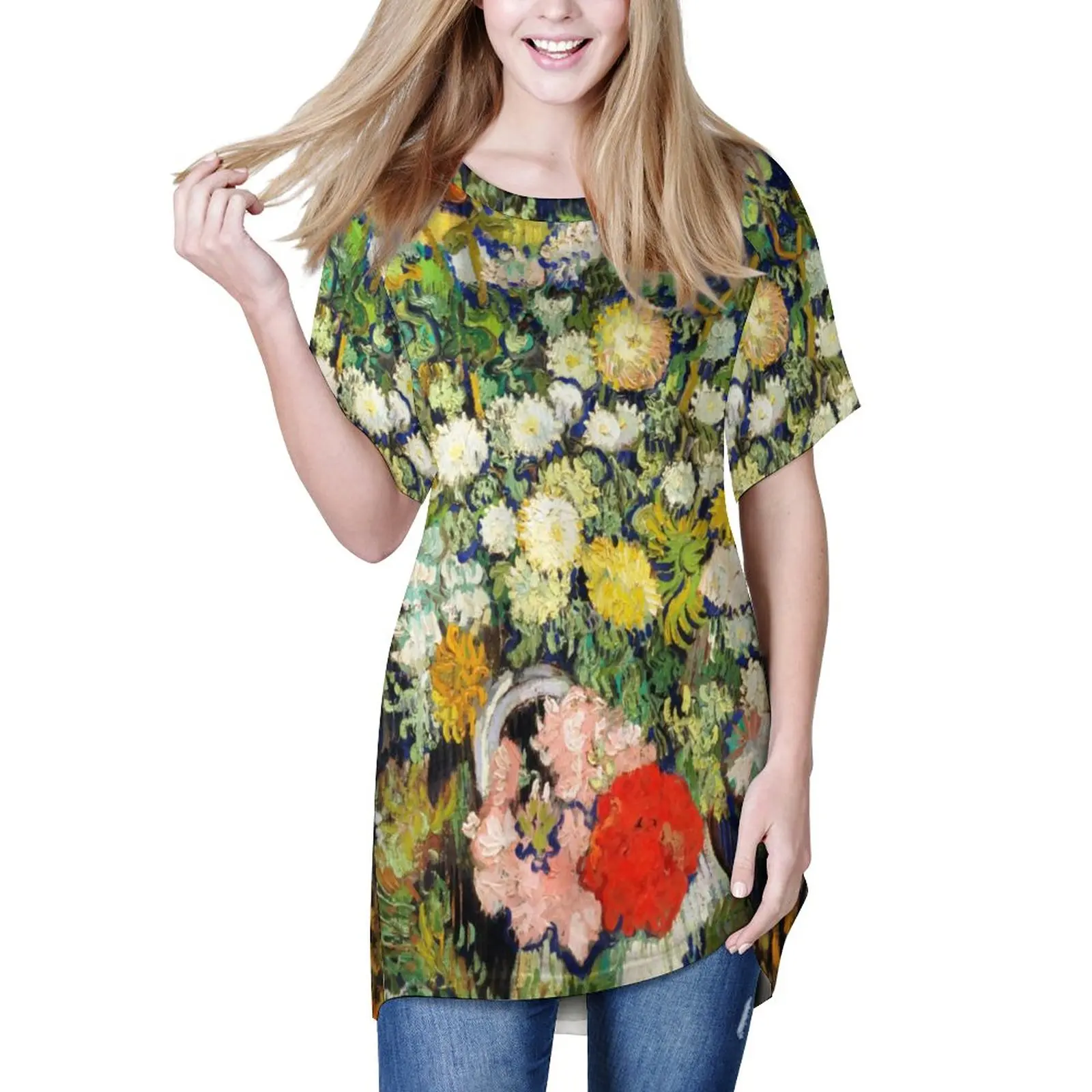 

Футболка женская с коротким рукавом, модная уличная рубашка в стиле оверсайз с принтом Винсента Ван Гога, букета цветов, лето