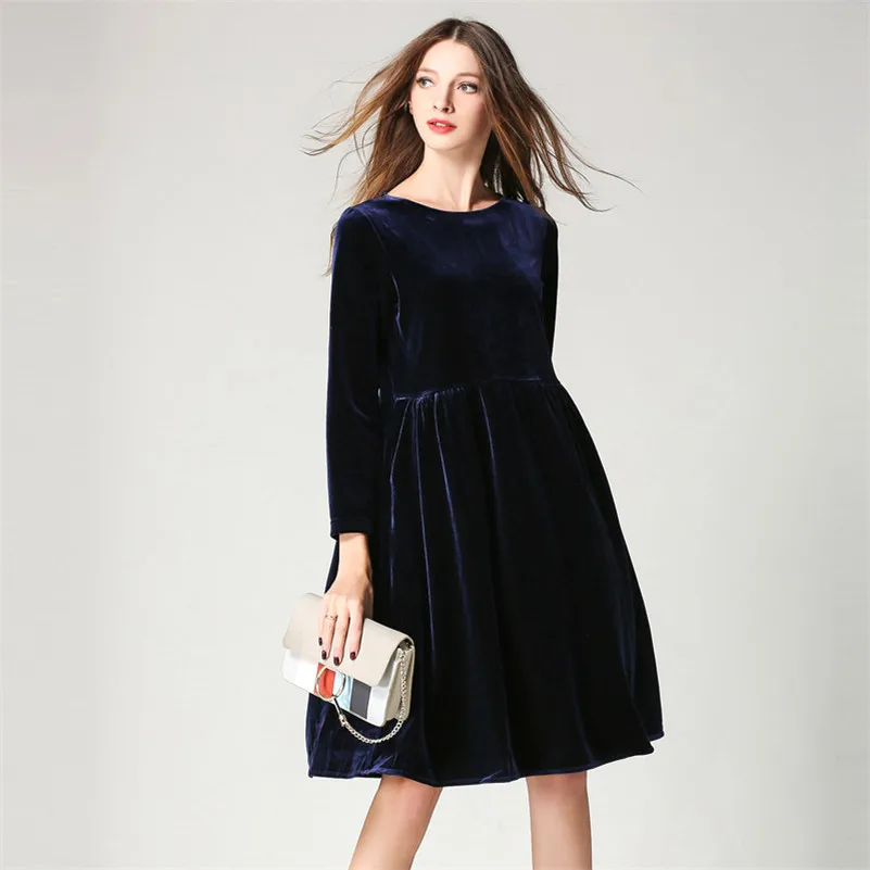 

2023 Spring Women Vintage Empire Velvet Midi Dress Long Sleeve O-Neck Solid Party Dress With Pocket Elegant New Fashion Vestidos