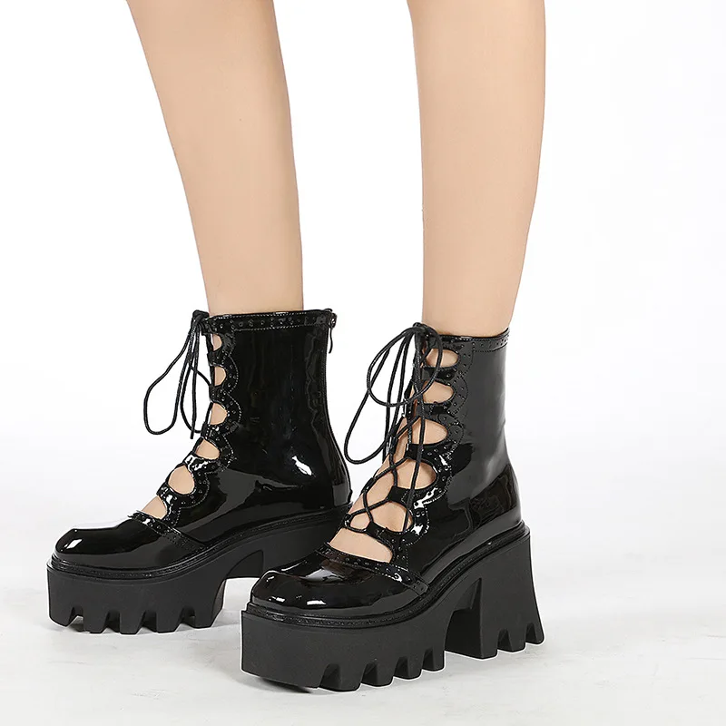

Trendy muffin bottom sandals boots 8cm front lacing back zipper front hollow short boots Europe and the United States female
