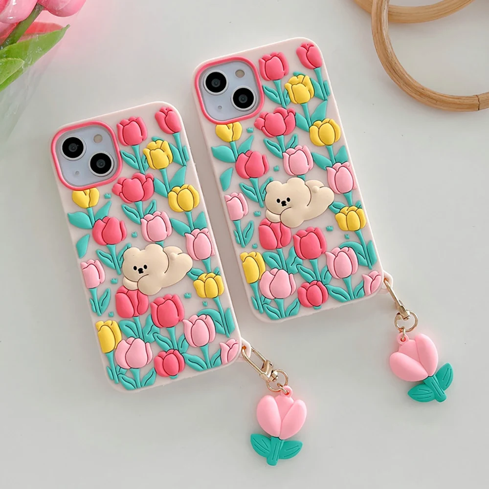 NEW Flower Bear Model Silicone iPhone Cases For iPhone 13 12 11 pro max For iphone6 7 8 xr xs max Protect Cartoon Tulip Cover