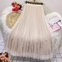 both sides wear pearls mesh skirt women 2022 spring velvet high waist long skirts woman solid color a line pleated skirts