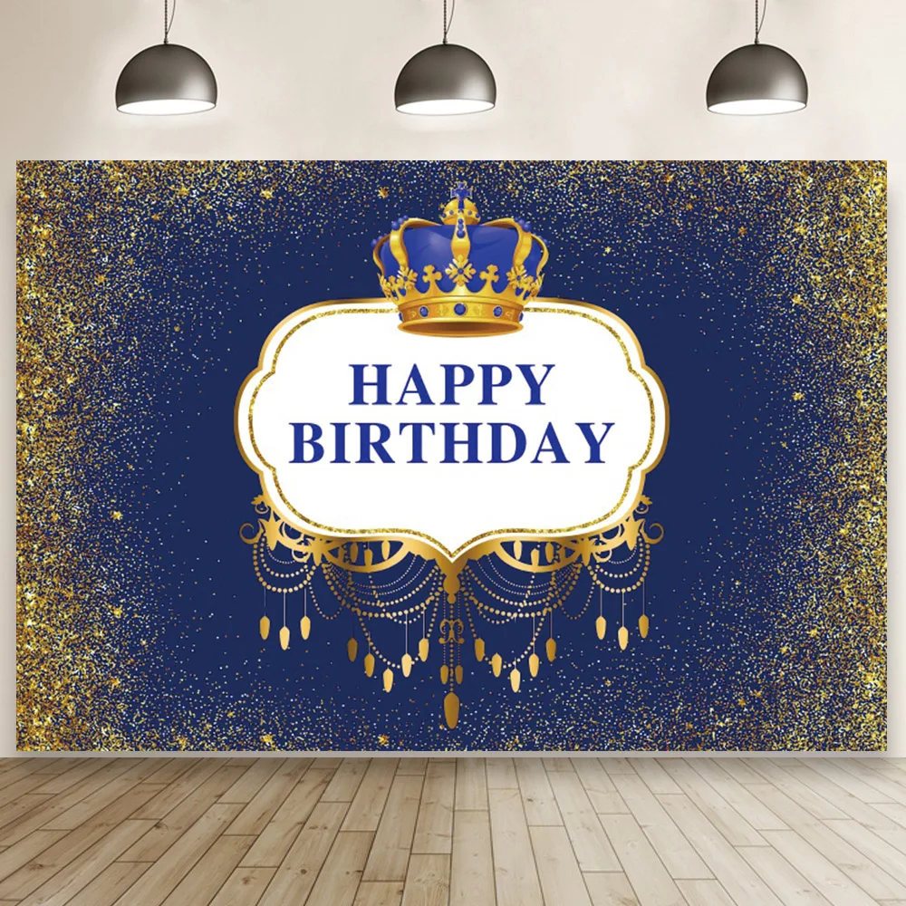 

Royal Blue Golden Glitter Crown Background Men's Birthday Party Decor Cake Backdrop Photography Studio Banner Booth Poster