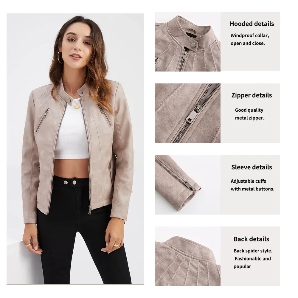 Kenntrice Women PU Leather Jacket 2022 Spring Thin Outerwear Short Casual Stand Collar Female Fashion Motorcycle Slim Coat