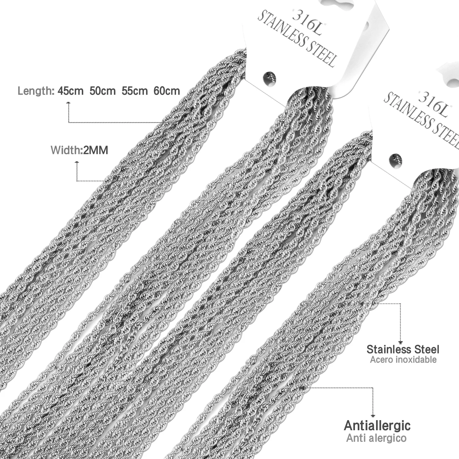 LUXUSTEEL 1 шт. 2345 мм поворотное колье-колье, веревка из нержавеющей стали, серебристый тон, золотая цепочка для женщин и мужчин, ювелирные изделия, подарки (art.: 3920cc3fc00ba) - 3920cc3fc00ba