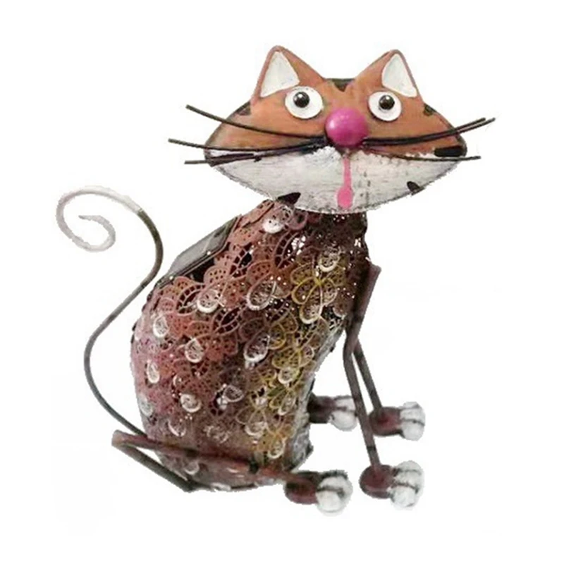 Cat Statue Antique Painted Solar Lamp Metal Crafts Garden Lawn Courtyard Decoration Iron Animal Model
