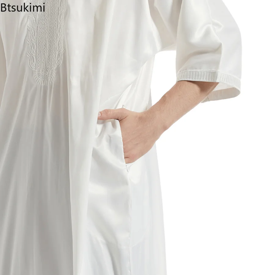 Muslim Fashion Men Kaftan Robe Satin Embroidery Jubba Thobe Arab Saudi Eid Ramadan Turkish Islamic Abaya National Loose Abayas