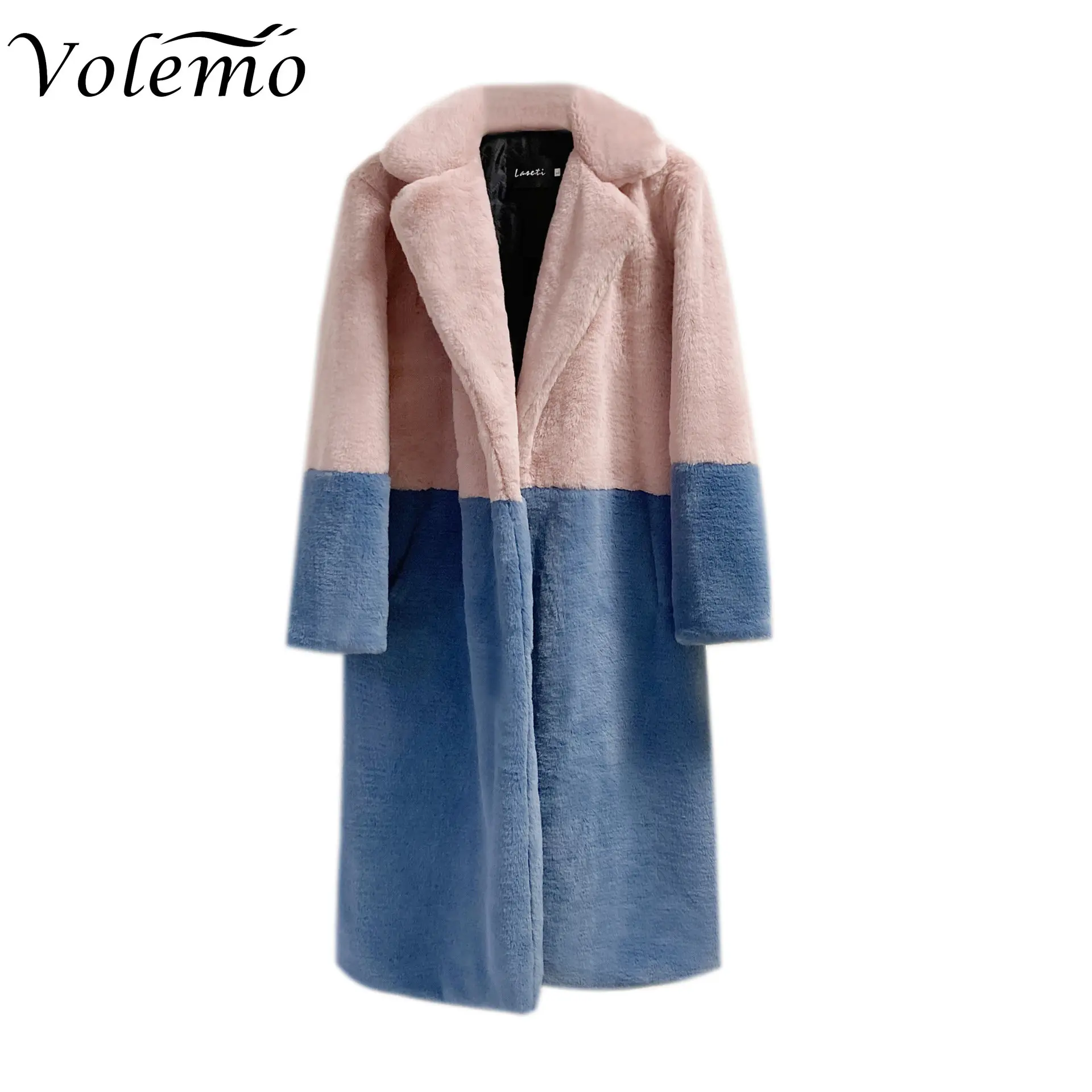 Volemo 2023 Winter Women High Quality Faux Rabbit Luxury Long Fur Coat Lapel OverCoat Thick Warm Female Plush Jacket Plus Size