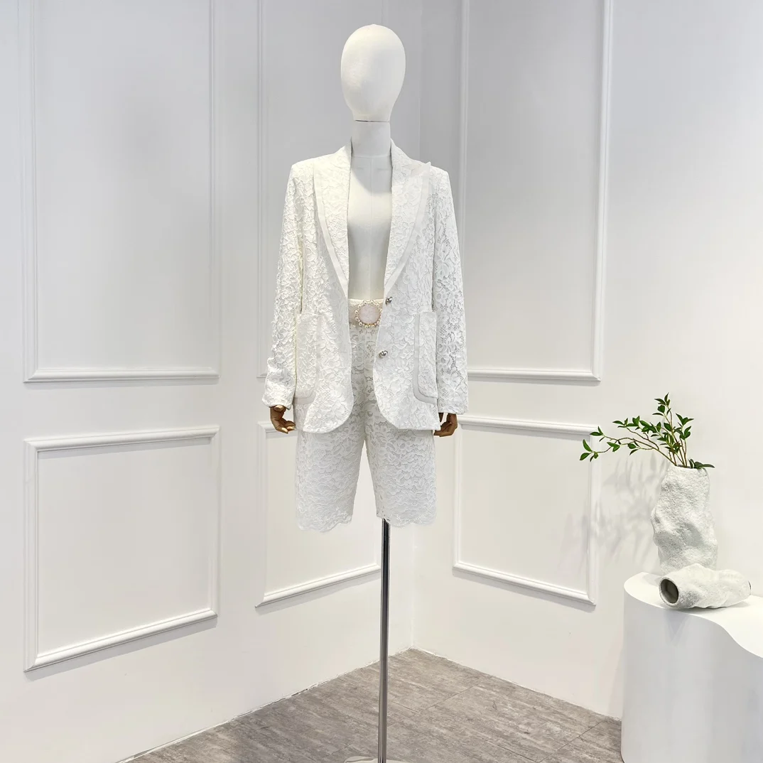 

Женский Винтажный кружевной костюм, белый ажурный короткий костюм с цветочным крючком и бусинами, весна-лето 2023
