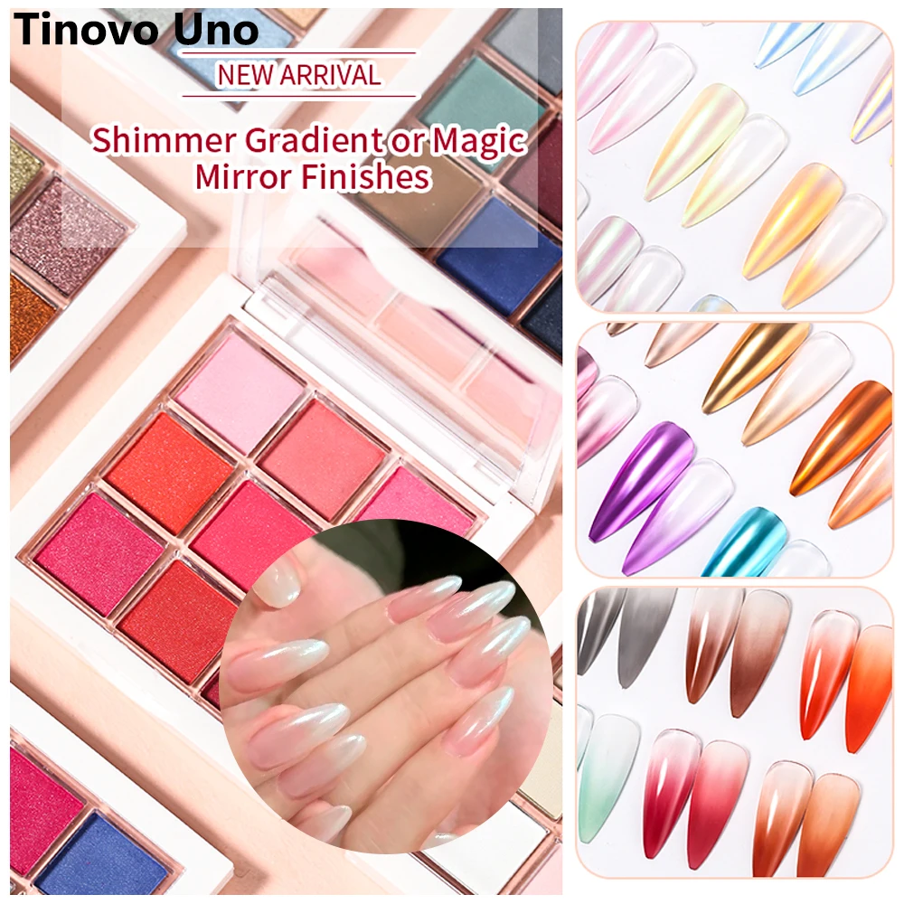 Tinovo Uno 9 Colors Aurora Chrome Nail Powder Pigment Glitter Holographic Laser Rainbow Pearl Rubbing Dust Powder for Nails Art