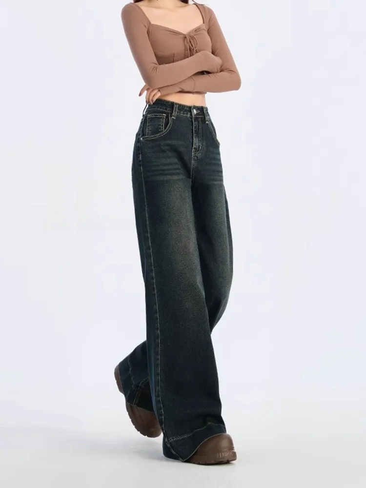 Idolera синие и серые широкие джинсы женские осень зима 2024 новые свободные брюки с