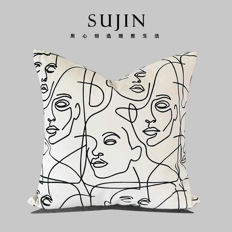 

Modern Minimalist Pillow Cover Lounge Sofa Black and White Women's Face Abstract Line Velvet Printed Cushion Waist Pillow Cover
