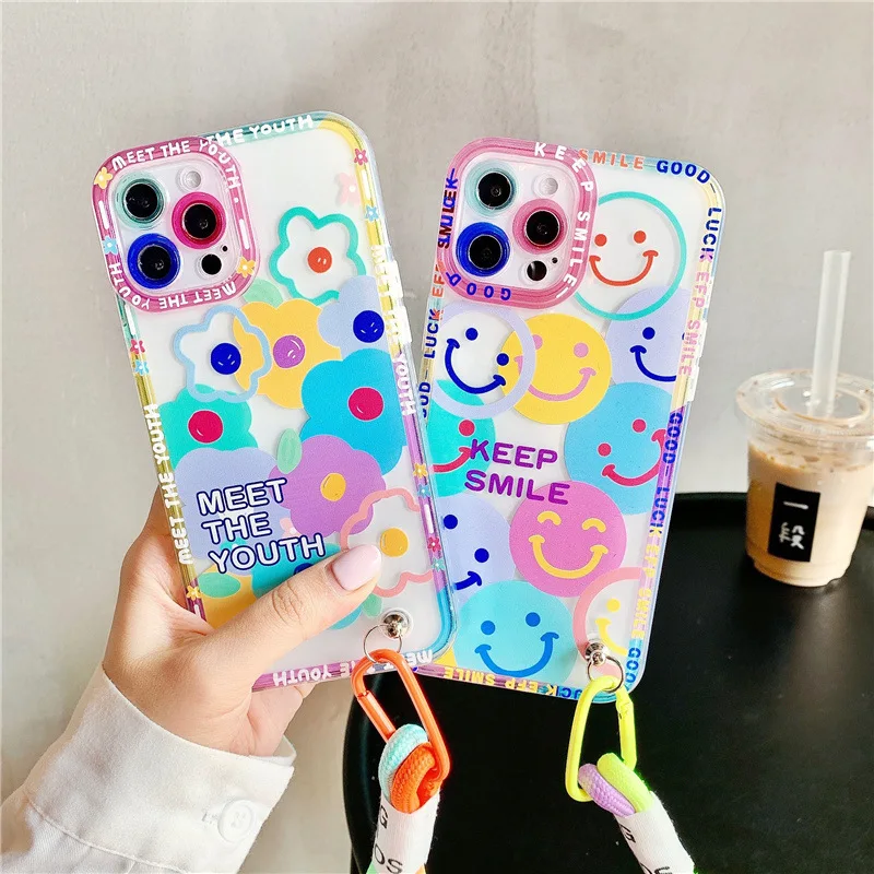 

Luxury Flower Smiley Lanyard Case For iPhone 13 Pro Max 12 11 Pro X Xs Max XR 7 8 Plus SE 2020 Transparent Soft Shockproof Cover