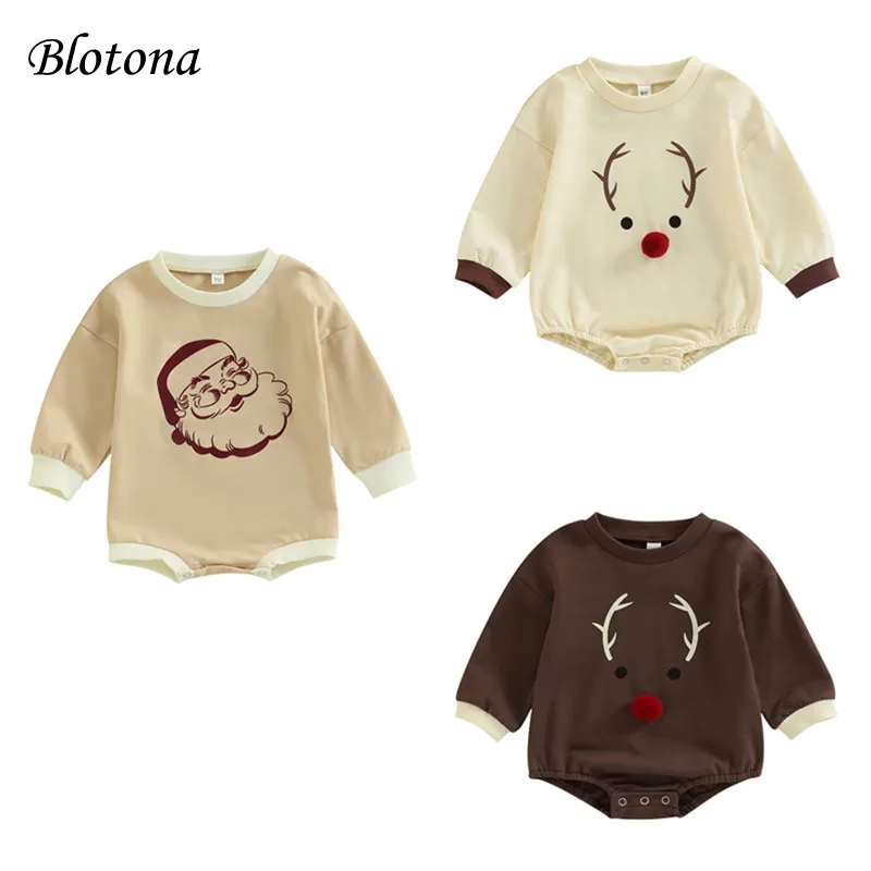 

Blotona Infant Baby Girls Boys Christmas Romper Cartoon Elk/Santa Claus Head Print O-Neck Long Sleeve Bodysuit, 0-18Months
