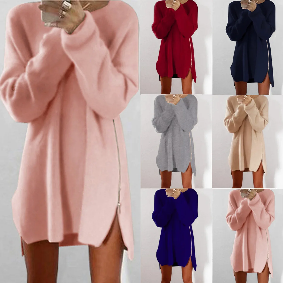 

Women Sexy Solid Color Long Sleeve O Neck Sideway Zip Loose Mini Sweater Dress Christmas Gift For Female Friend sweater women