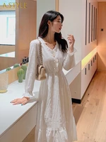 long sleeve dress solid lantern sleeve v neck elegant female empire mid calf simple button pearls causal fashion college chic