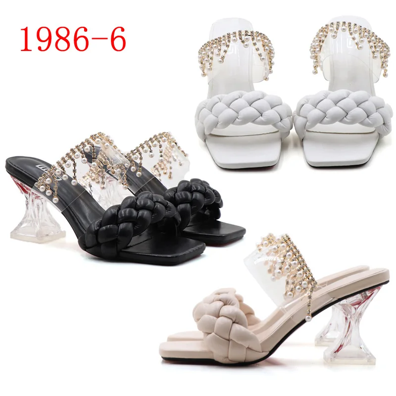 

Sexy Women's Sandals Summer Thick-heeled Woven One-line High-heeled Sandals Square Head Beaded Rhinestones Outer Slippers