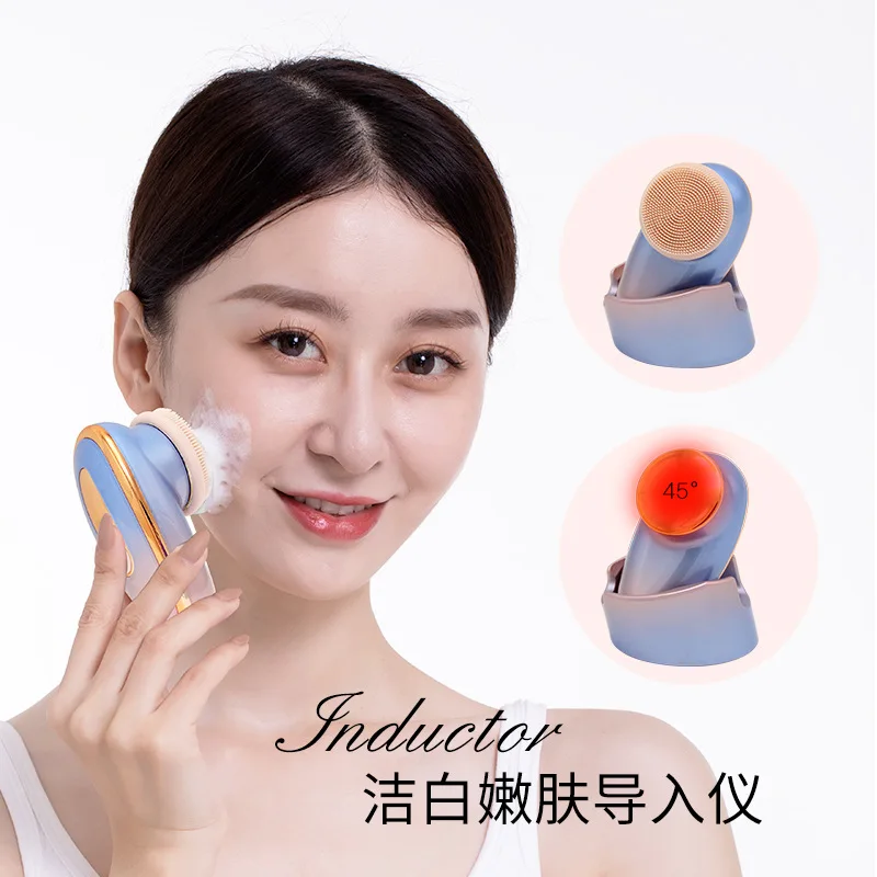 

Facial Clean Brush Skin Rejuvenation Heated Massager Sonic Vibrations Silicone Deeper Cleanse 2 in 1 Head Rechargeable 5 Modes