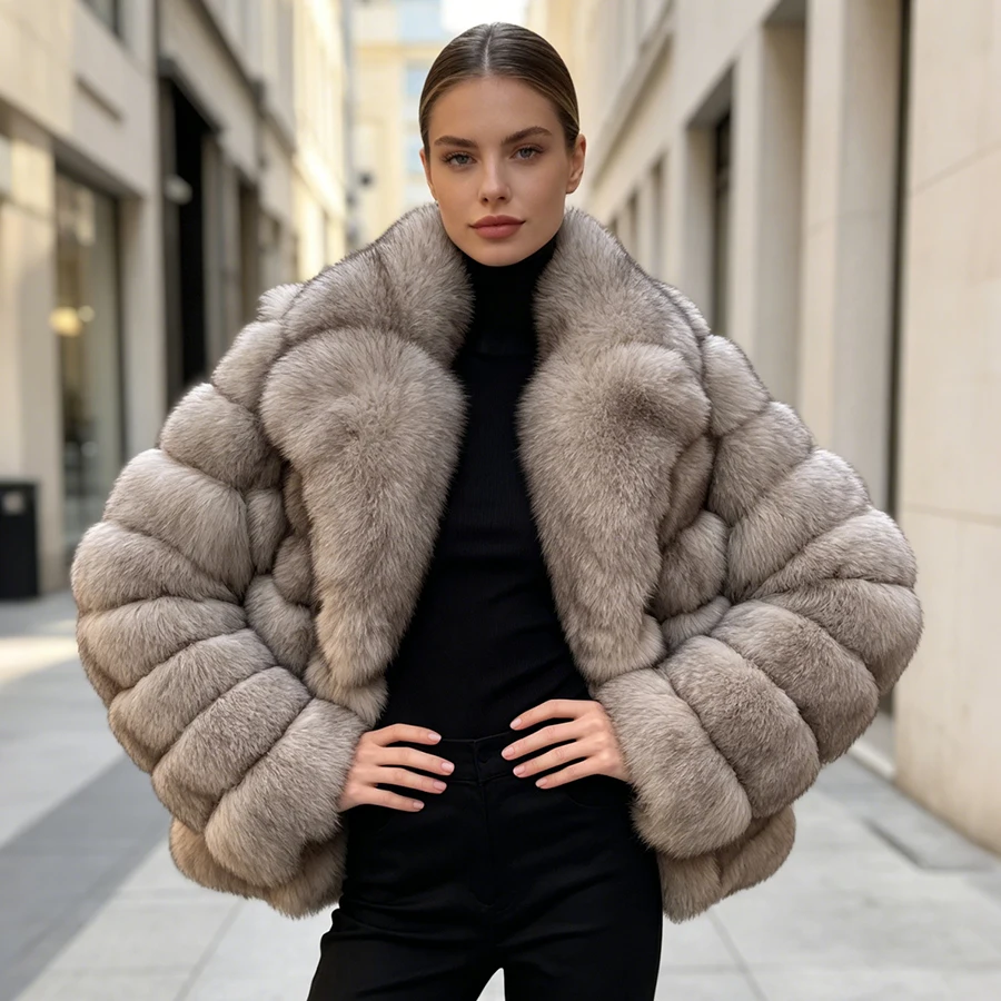 Фото Женская короткая шуба из натурального меха лисы с воротником-стойкой, укороченная меховая куртка, зимняя шуба класса люкс для женщин №1