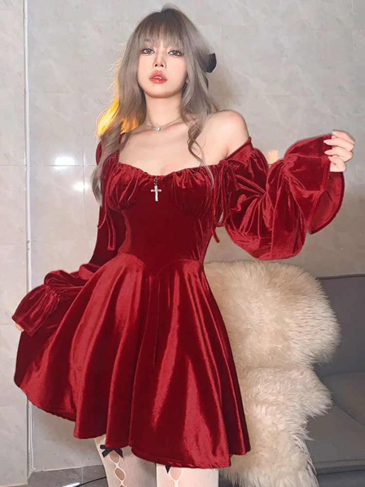 

France Vintage Party Mini Dresses Women Winter Black Gothic Sexy Elegant Dresses Red Velvet Korean Style Dress for New Year 2022
