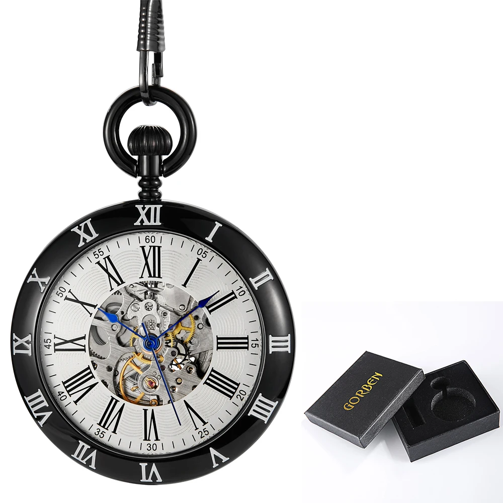 Luxury Automatic Mechanical Pocket Watch Men Roman Dial Stainless Steel Steampunk Skeleton Clock Women Fob Chains reloj hombre