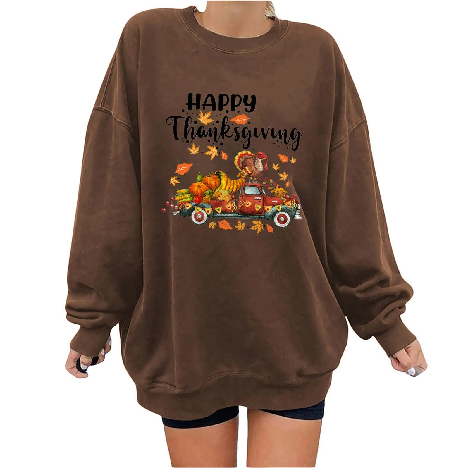 

Thanksgiving Cute Print Womens Top Loose Round Neck Long Sleeve Casual Loose Pullover Top Sweater
