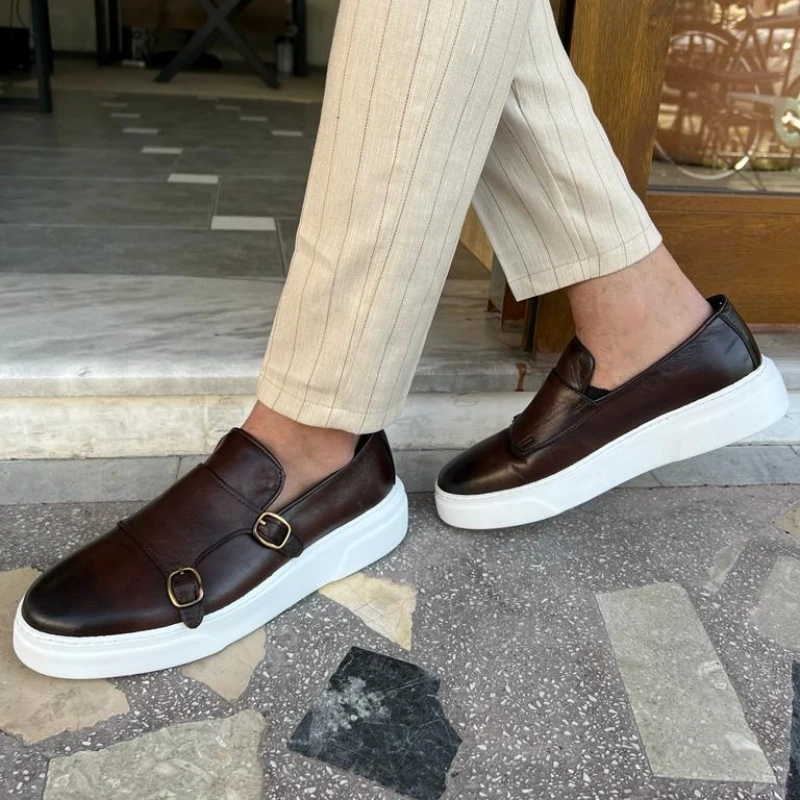 New Brown Men's Vulcanize Shoes Double Buckle Monk Shoes Black Slip-On Lazy Shoes Handmade Free Shipping Men Casual Shoes images - 6