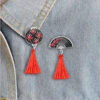 japanese traditional cherry blossom fan brooch custom retro red tassel lantern enamel pin badge clothes bag fashion jewelry gift