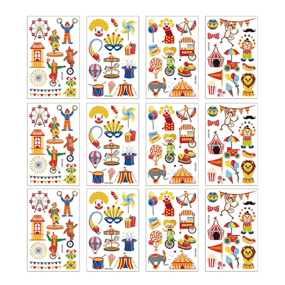 

12 Sheets/Pack Circus Theme Temporary Tattoos Waterproof Self-adhesive Stickers Funny Decals for Children