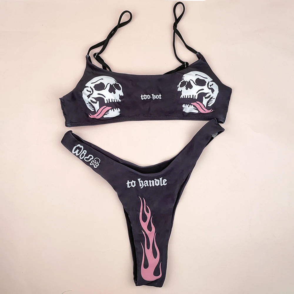 

Halloween Goth Bikini Sets for Women Girls Black Skull Tops Letter Printed Thong Outfit Sexy High Waisted Bikinis Underwear