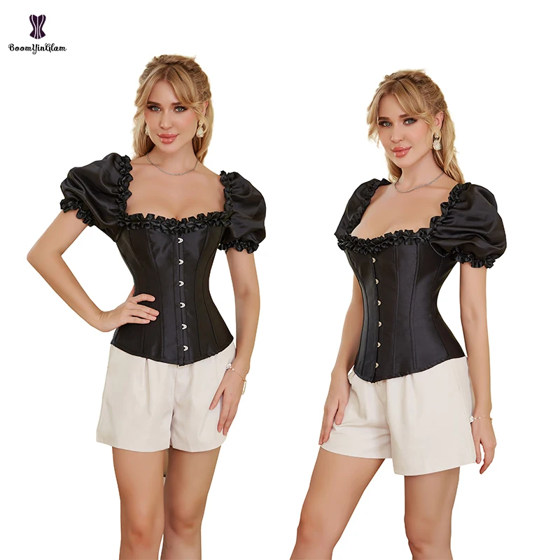 Solid Black Satin Corselet 12 Plastic Boned Lace Up Corset Top With Short Sleeve Plus Size S-6XL Burlesque Gothic Korset Women