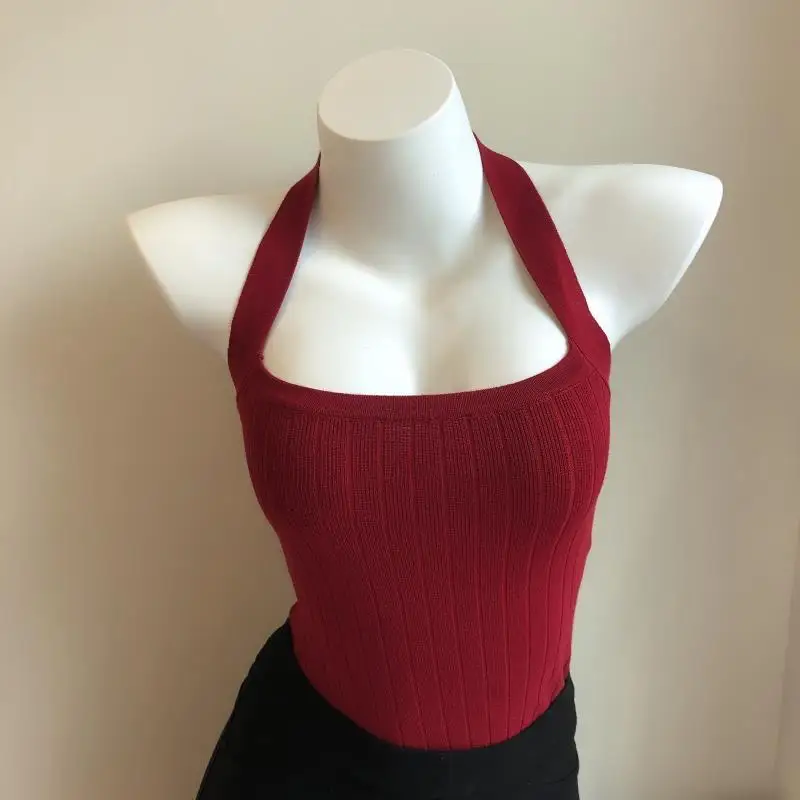 Hanging neck vest  retro red knitting backless slim sling sleeveless women wide shoulder strap  selling