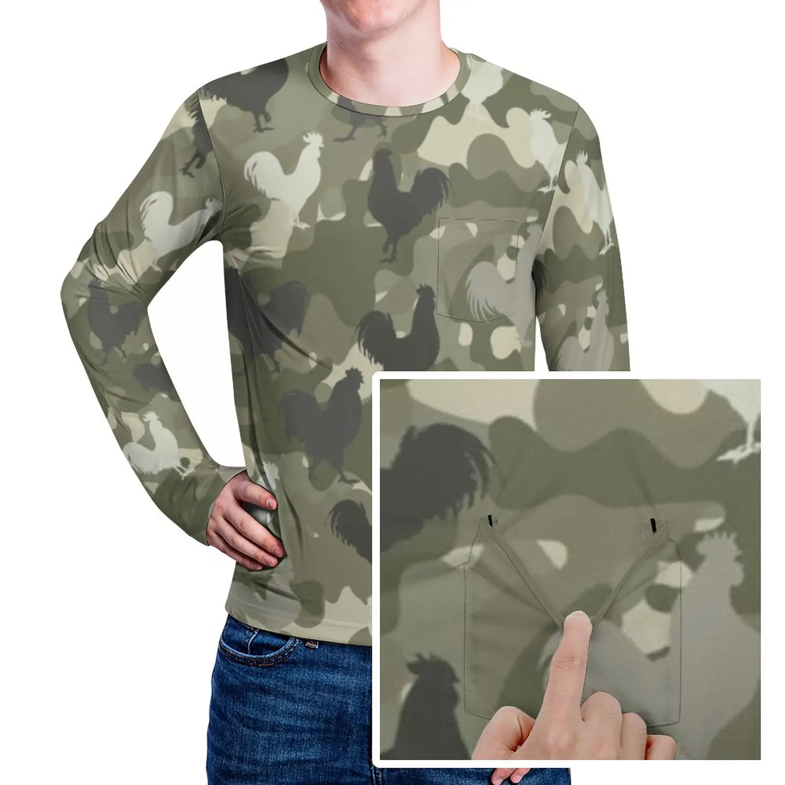 

Chicken Pattern T-Shirt Camo Animal Print Hippie T Shirts With Pocket Long Sleeve Design Tshirt Autumn Casual Plus Size Clothes