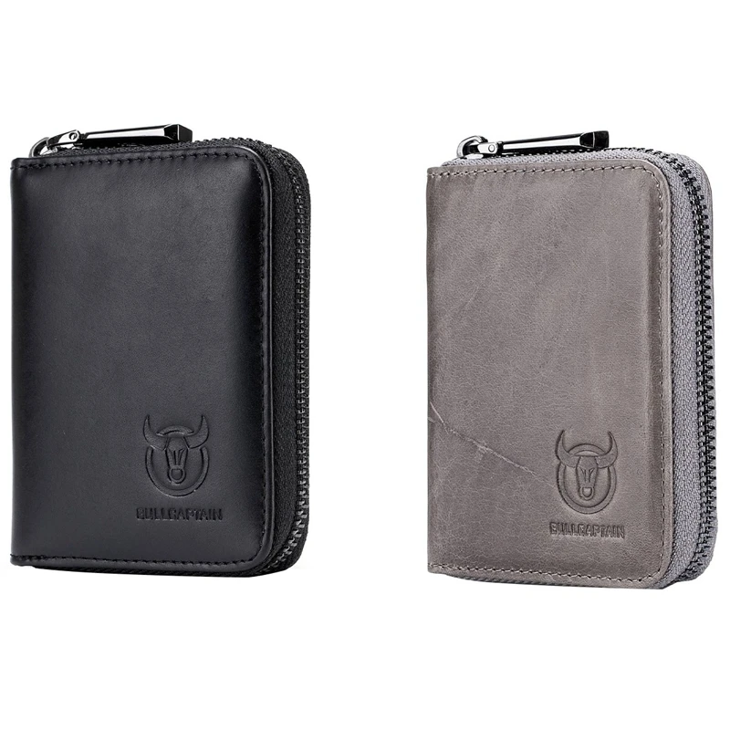

2X BULLCAPTAIN Leather Men Wallet Card Pack Zipper Card Case Holder Credit Card Bag Short Coin Purse Gray & Black