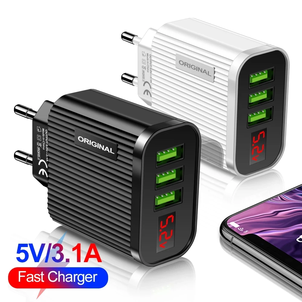 

5V 3.1A Display USB Wall Charger 3 Ports Fast Charging Wall Phone Charger For iPhone Samsung Xiaomi USB Adapter