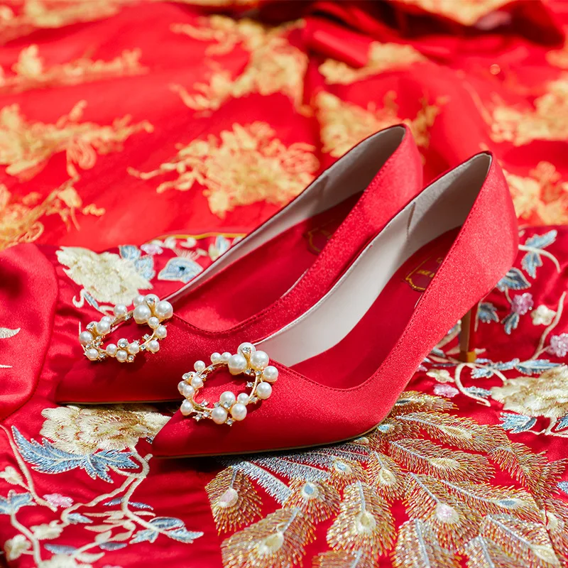 

Ladies Bridal Wedding Shoes Pointed Toe High Heels Pearl Red Satin Shoes Pearl Stiletto Ladies Shoes