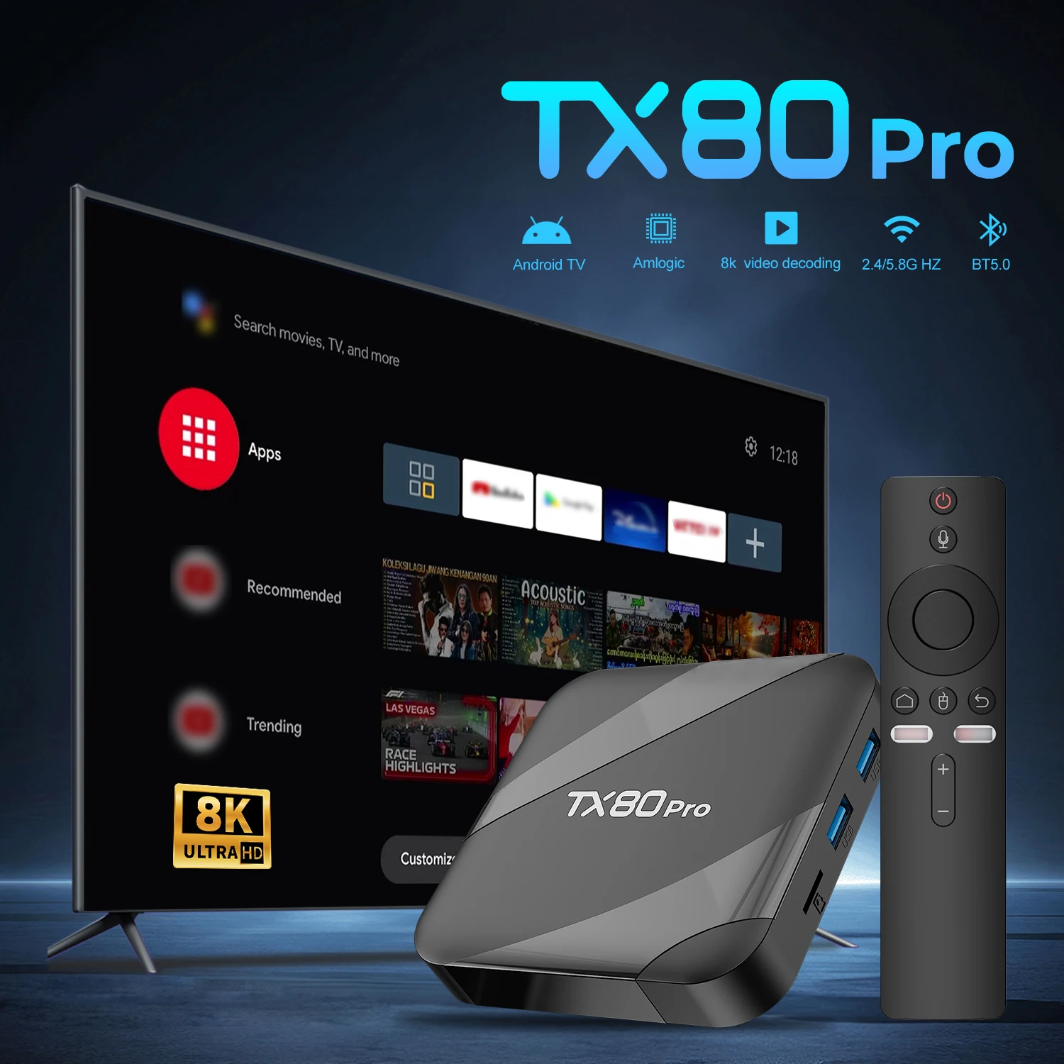 Фото ТВ-приставка AndroidTV 16 TX80 PRO, четырехъядерный процессор ARM Cortex-A53, пента-ядерный графический процессор Mali-450, память 16 ГБ + 256 ГБ, двухдиапазонный Wi-Fi, 4K UHD №3
