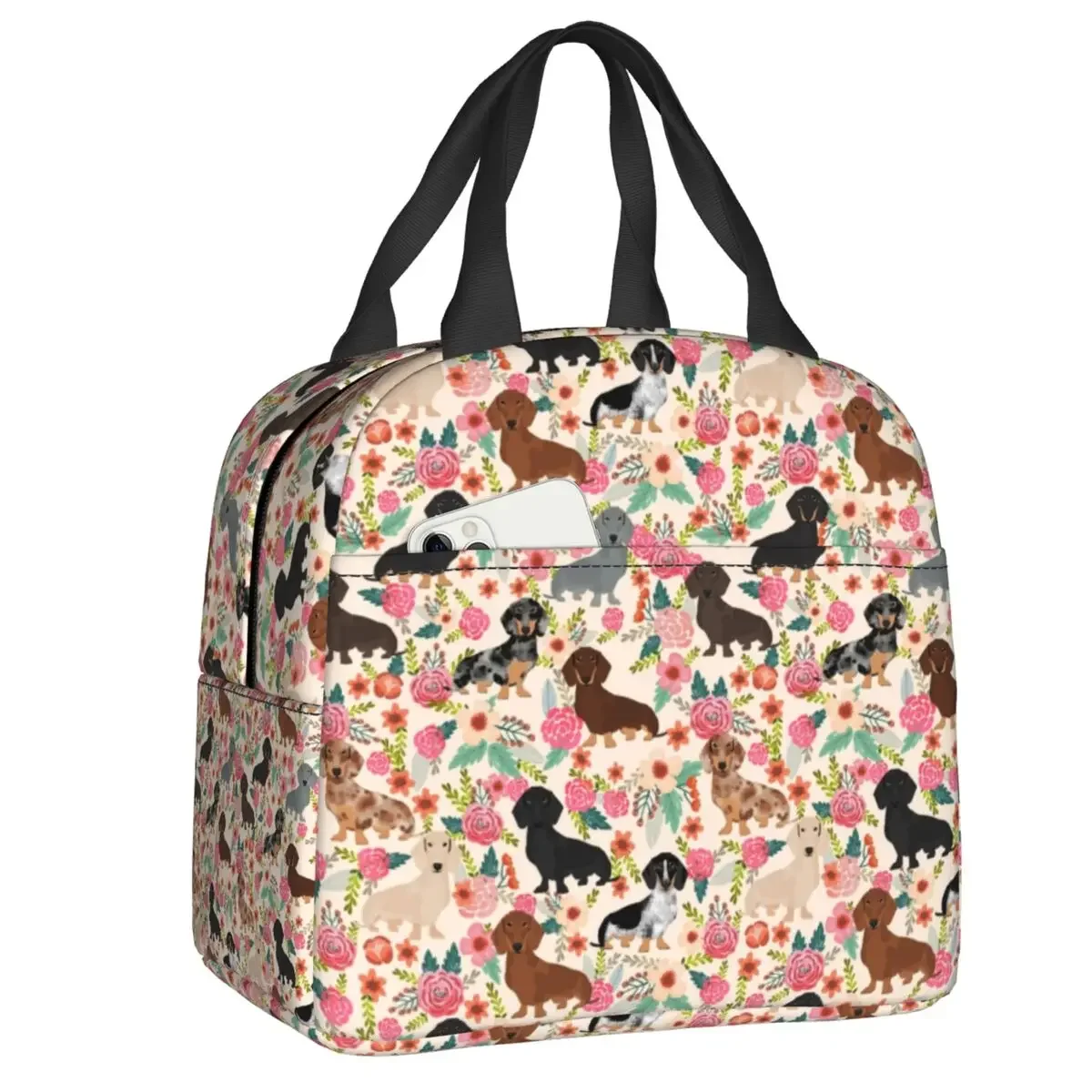

Dachshund Floral Dog Pattern Lunch Bag Sausage Wiener Badger Doxie Leakproof Thermal Cooler Insulated Lunch Box Women Children