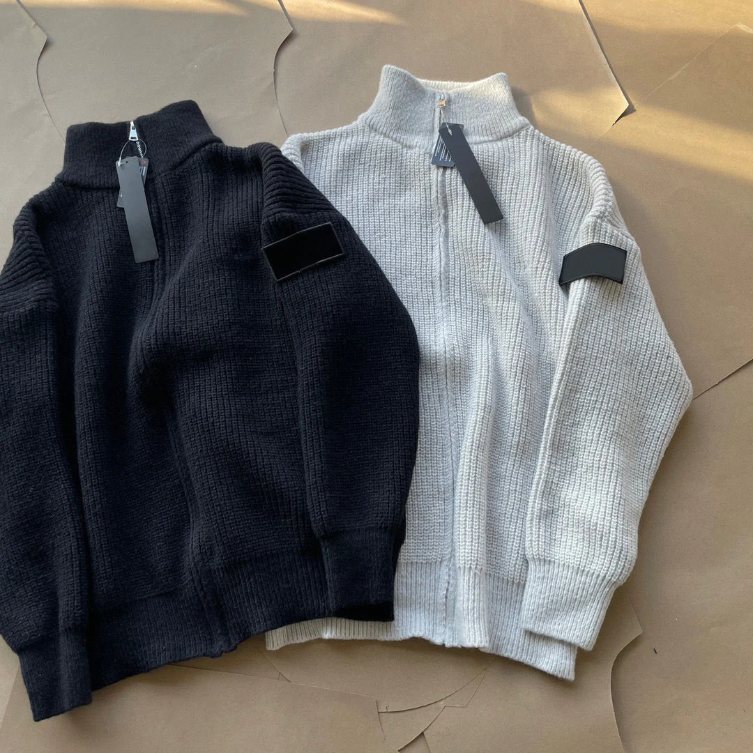 

Autumn Winter New Stone Heavy Solid Color Sweater Knit Cardigan Winter Stand-up Collar Men and Women Badge Coat