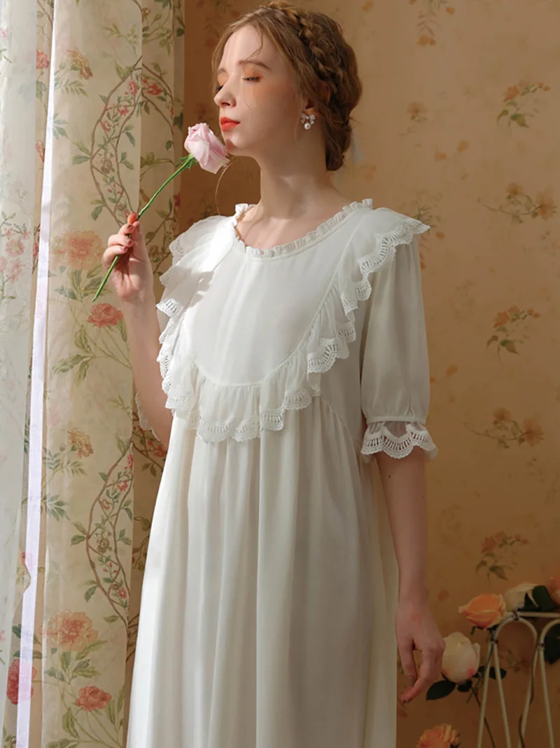 Women Princess Pajamas Girls Short Sleeve Cotton Doll Lolita Sweet Cute French Vintage Nightdress Fairy Victorian Home Sleepwear