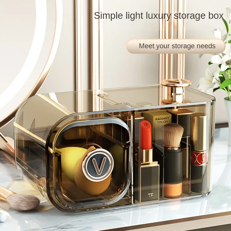 

Makeup Organizer Plastic Storage Container Dustproof Dressing Table Organizer Desktop Storage Box Lipstick and eye shadow shelf