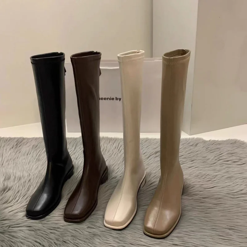 

2022 New Spring and Autumn Women's Thick-heeled White Long Boots Medium and High Square Toe Rider Boots Motorcycle Boots