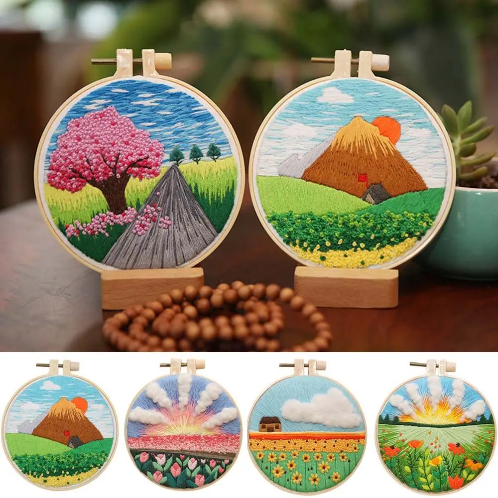 

Цветочная вышивка ландшафта, брикет с кольцом для начинающих, полная вышивка, настенная живопись, сумка из материала, Набор для вышивки крес...