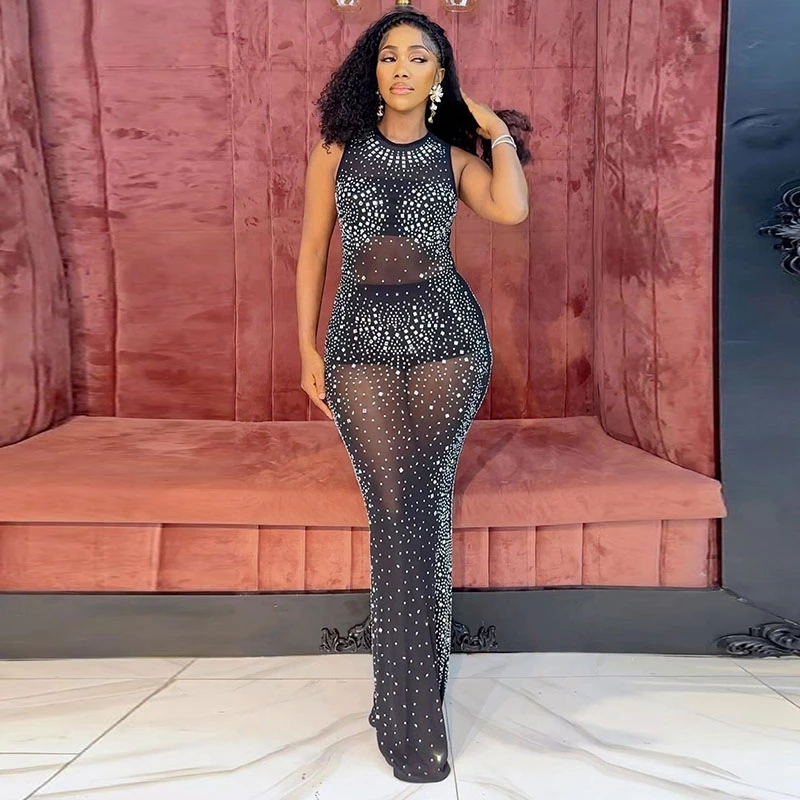 

Hot Rhinestone Sheer Mesh 3pcs Dress Set Women Black Luxury Sexy See Through Prom Gown Evening Dress With Underwear S-XXL