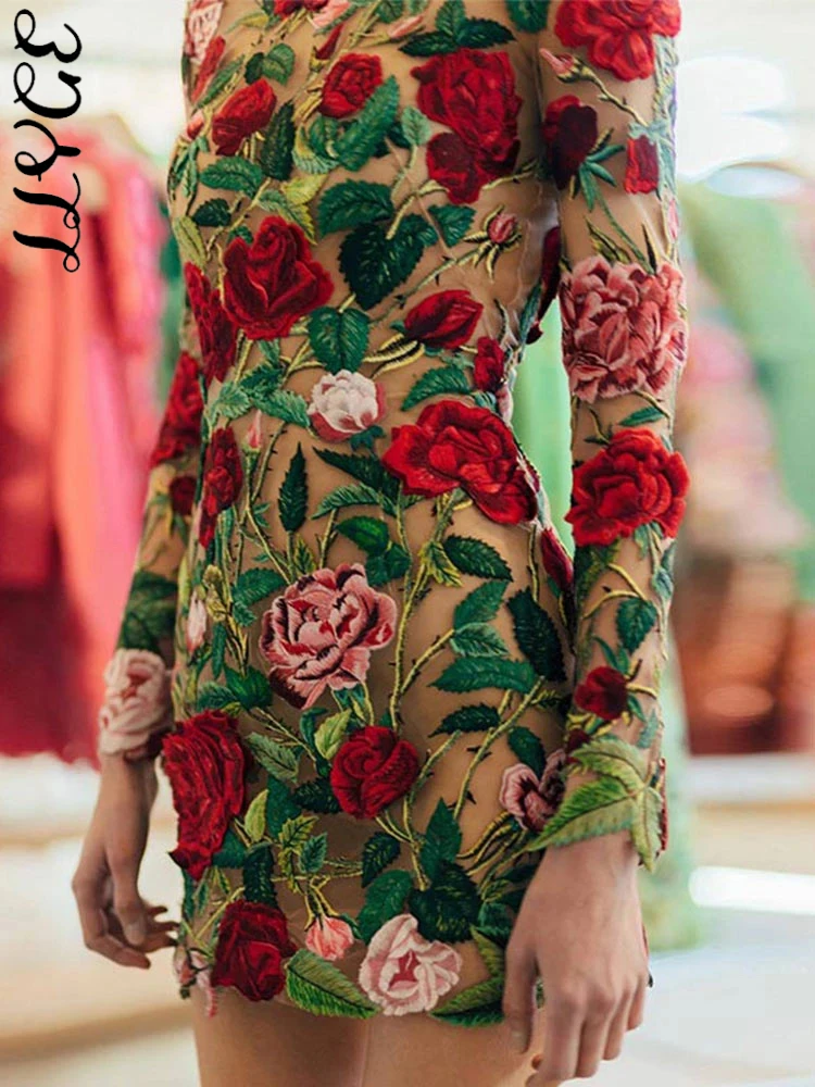 

Женское элегантное кружевное мини-платье с вышивкой, модные платья с полувысоким воротником для женщин, элегантное облегающее женское плат...